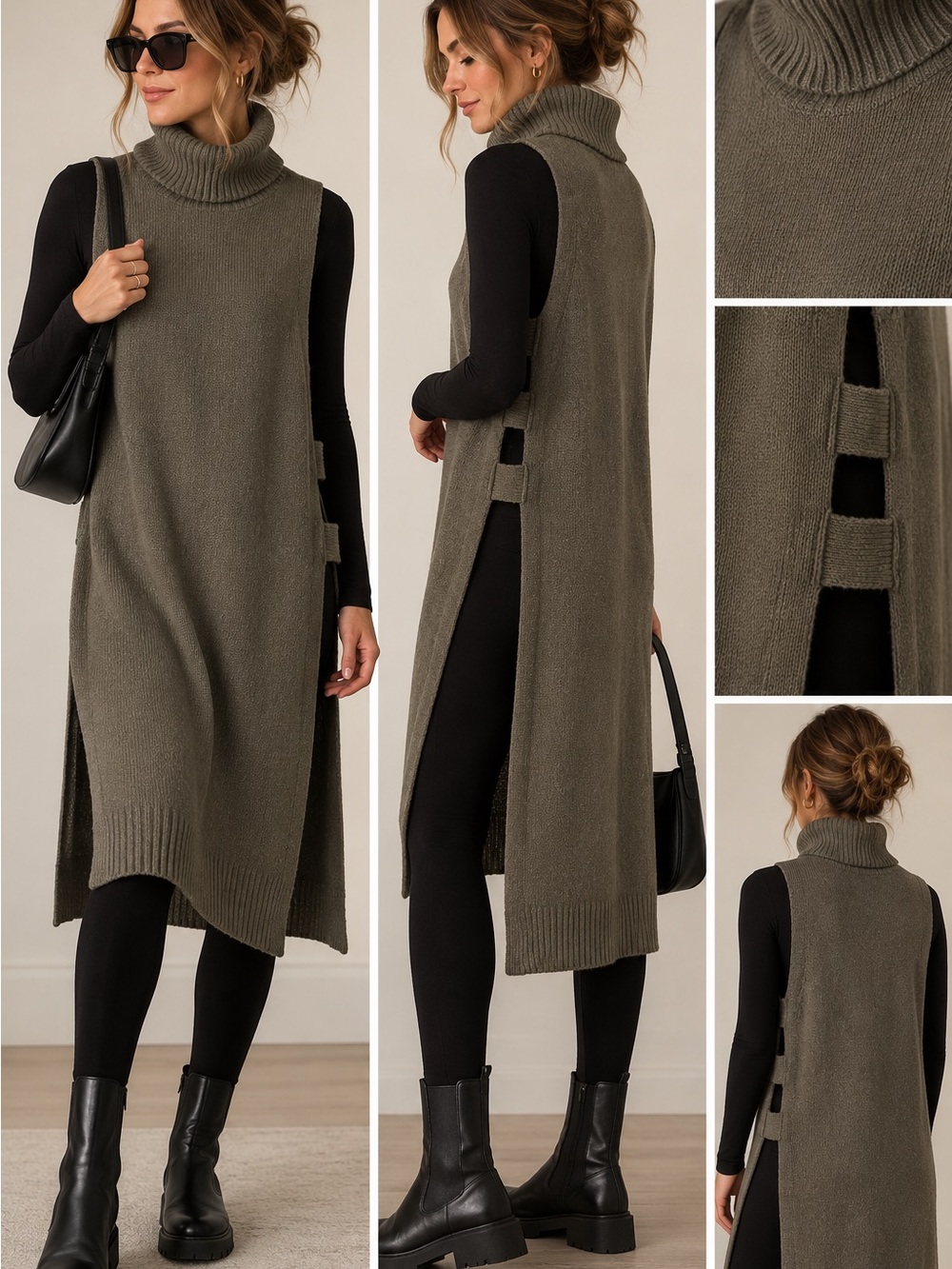 Turtleneck Sleeveless Long Knit Tunic/Vest - Olive